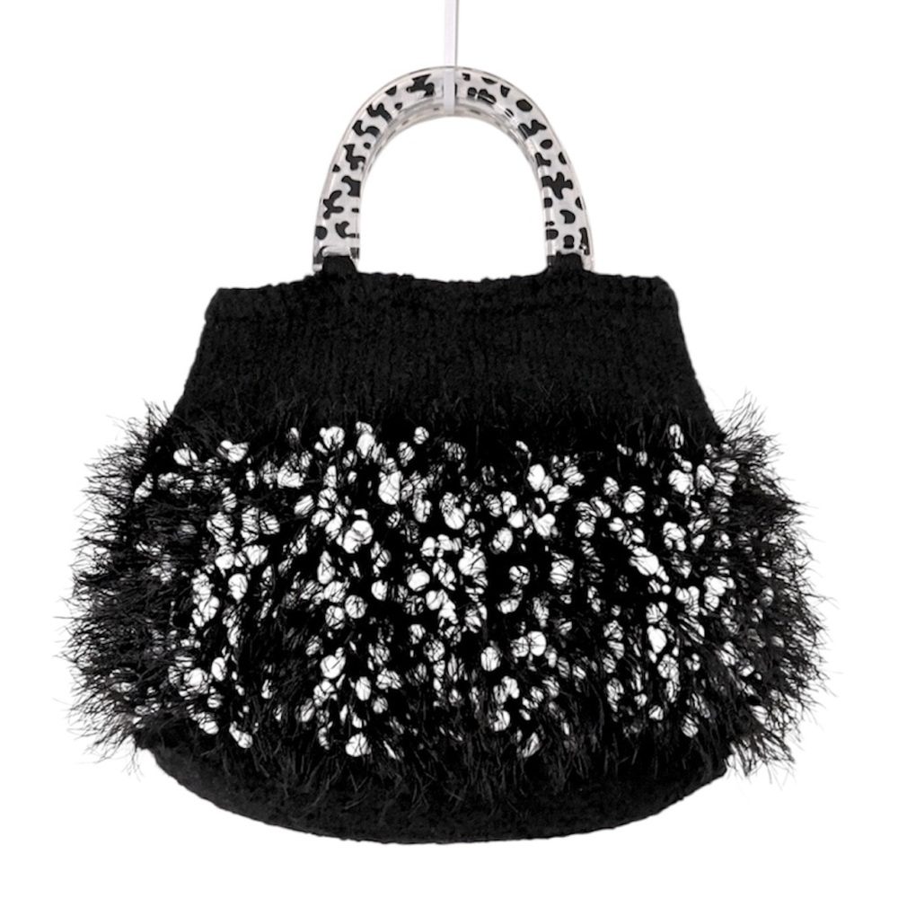 Knobby Fuzzy Knit Womens Black & White Acrylic Two Handle Boho Tote Bag Purse